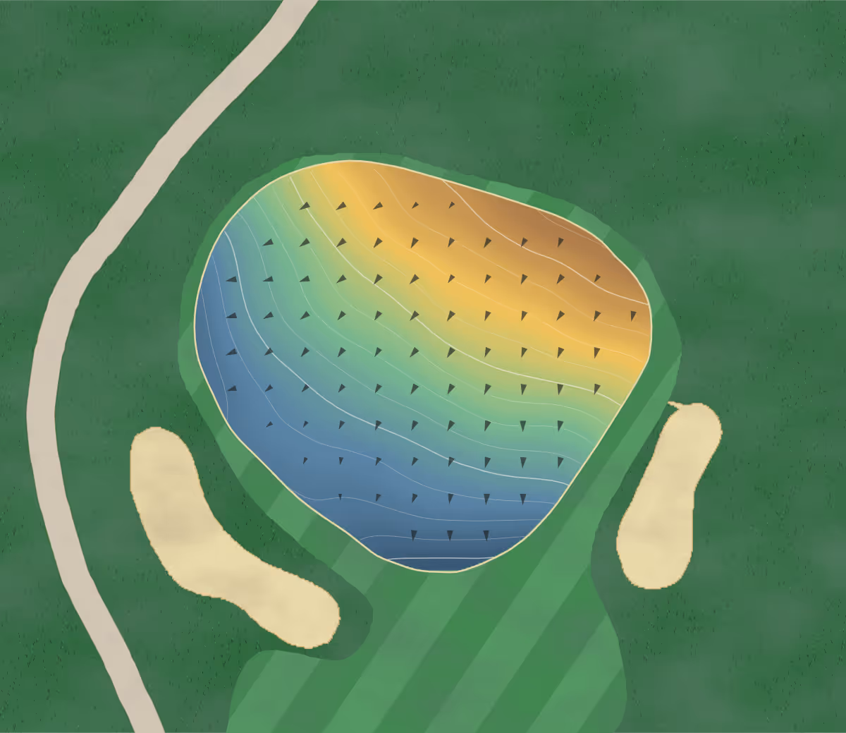 Green contour map of Virginia Tech in Blacksburg, Virginia — 65 elevation contours at a 3-inch interval with fall-line arrows, traced from 1-meter lidar