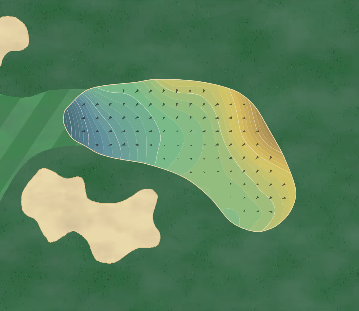 Green contour map of Virtues GC in Nashport, Ohio — 275 elevation contours at a 3-inch interval with fall-line arrows, traced from 1-meter lidar