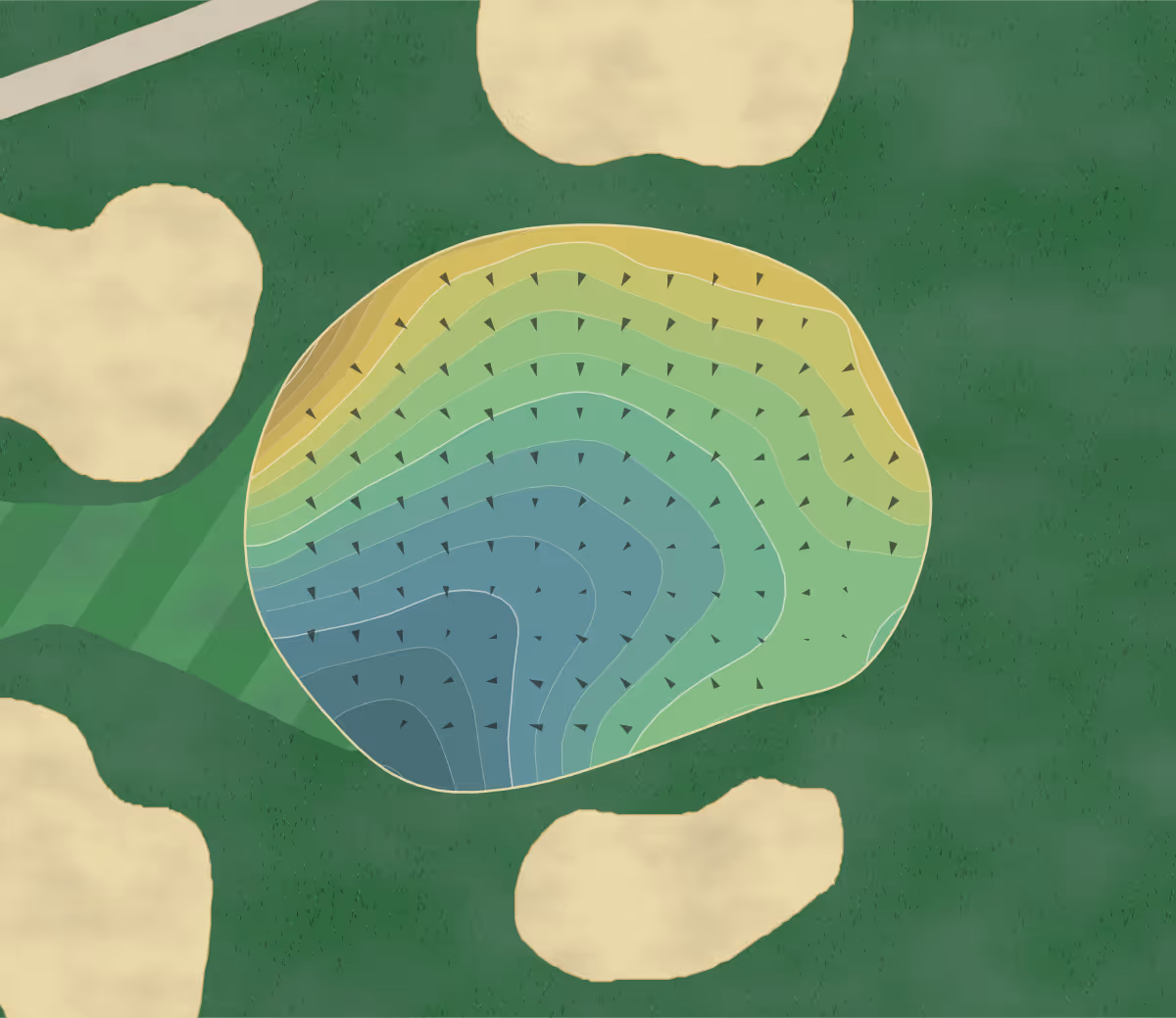 Green contour map of Voyager Village Par 3 in Danbury, Wisconsin — 151 elevation contours at a 3-inch interval with fall-line arrows, traced from 1-meter lidar
