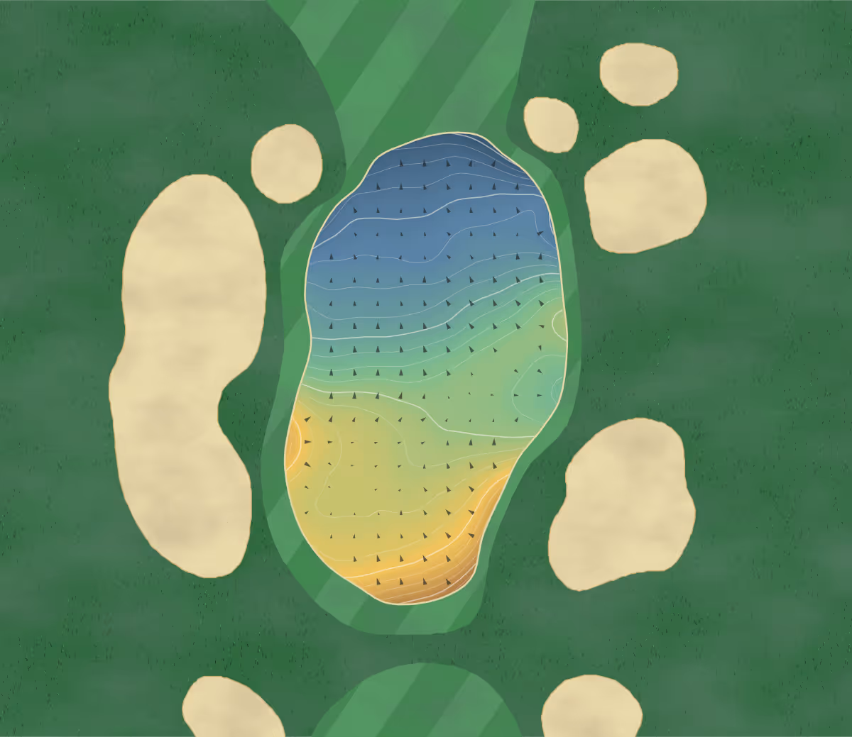 Green contour map of Vulcan CC in Vulcan, Canada: 200 elevation contours at a 8-centimeter interval with fall-line arrows, traced from 1-meter lidar