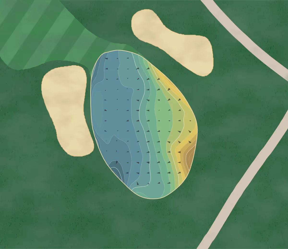 Green contour map of Wahconah Golf in Dalton, Massachusetts — 299 elevation contours at a 3-inch interval with fall-line arrows, traced from 1-meter lidar