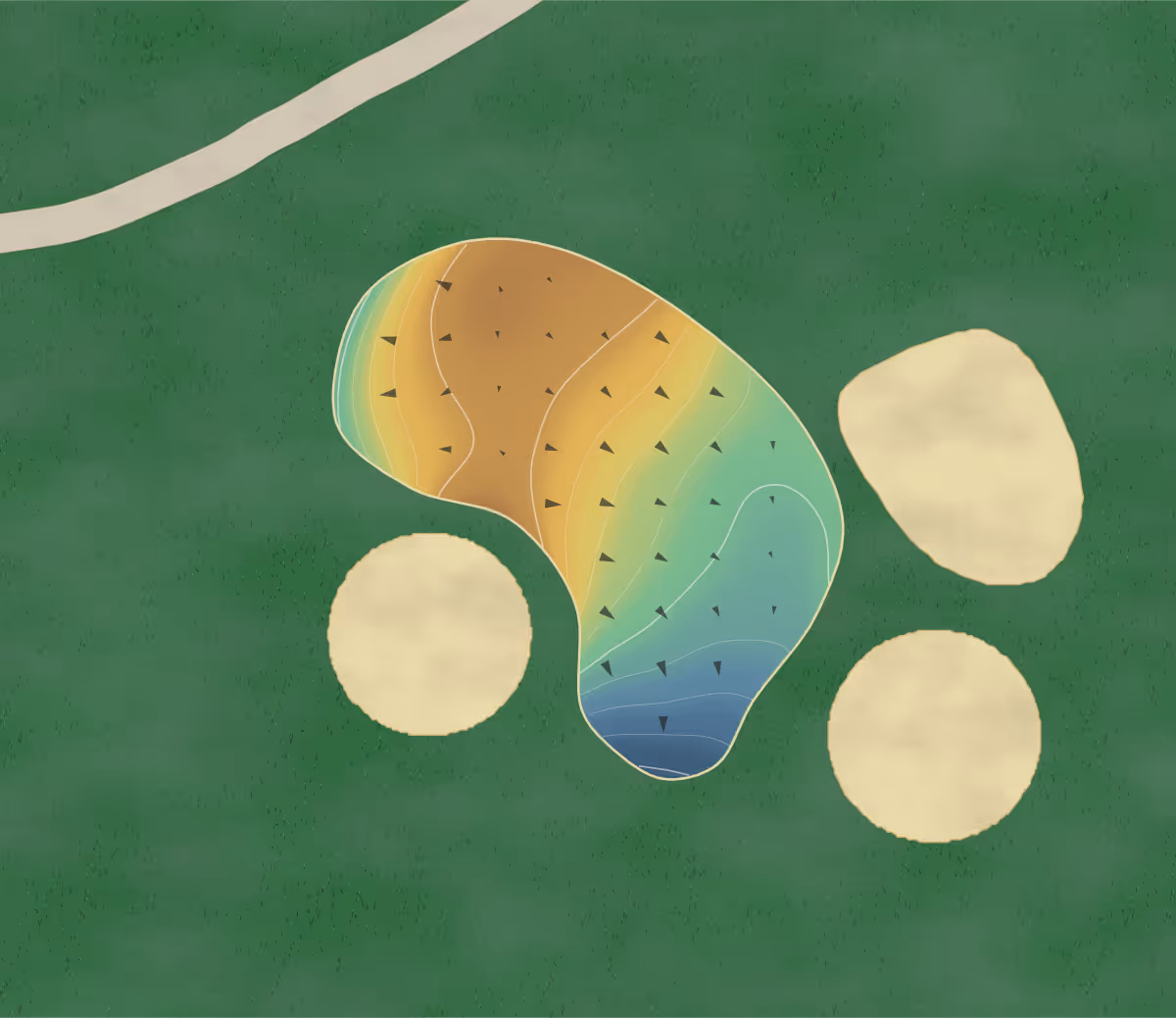 Green contour map of Waitematā in Narrow Neck, New Zealand — 122 elevation contours at a 8-centimeter interval with fall-line arrows, traced from 1-meter lidar