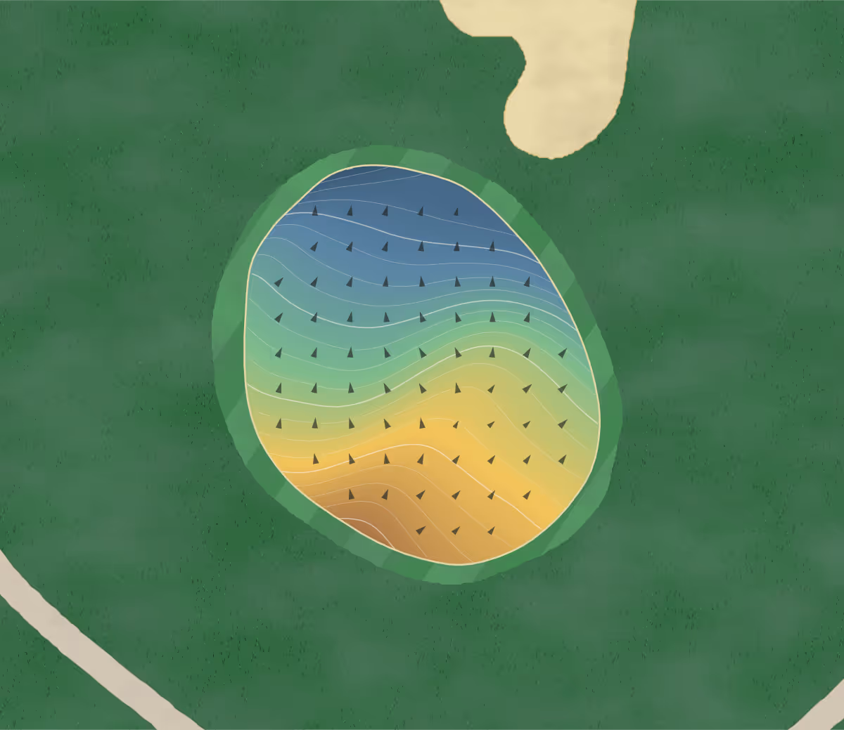 Green contour map of Wakonda Club in Des Moines, Iowa — 225 elevation contours at a 3-inch interval with fall-line arrows, traced from 1-meter lidar