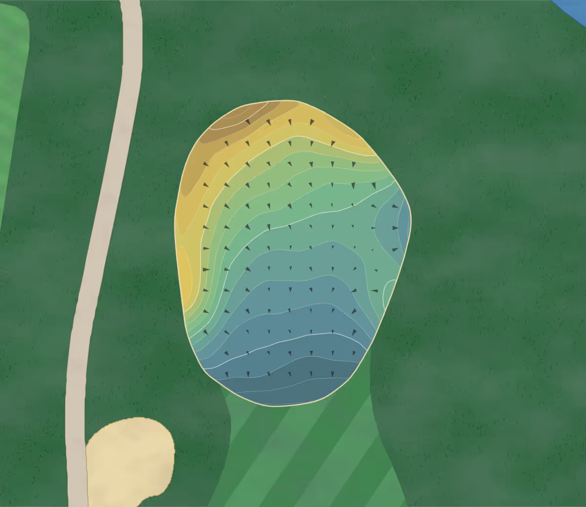 Green contour map of Wallingford CC in Wallingford, Connecticut — 225 elevation contours at a 3-inch interval with fall-line arrows, traced from 1-meter lidar
