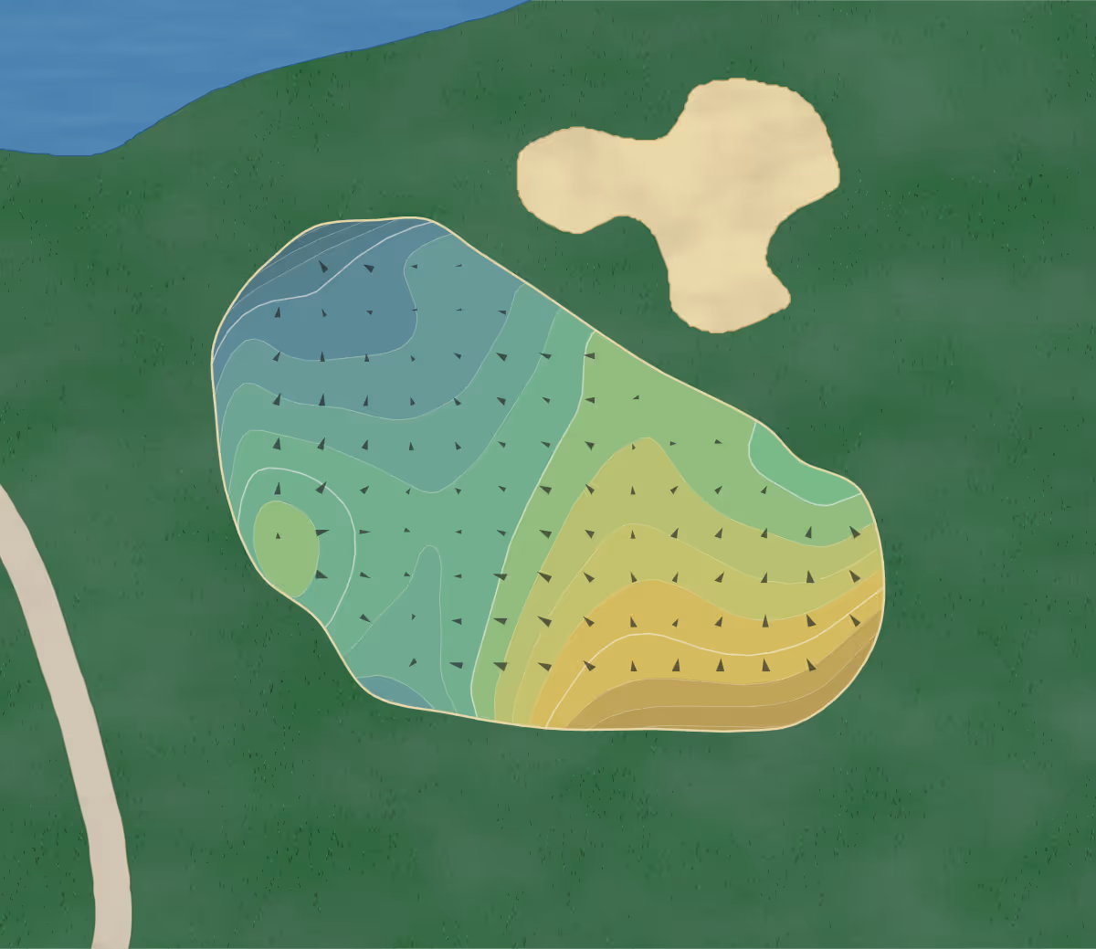 Green contour map of Walnut Greens in Schaumburg, Illinois — 49 elevation contours at a 3-inch interval with fall-line arrows, traced from 1-meter lidar