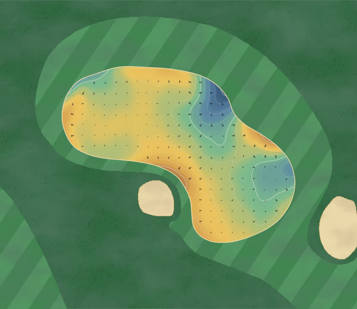 Green contour map of Walton Heath in Tadworth, England: 194 elevation contours at a 8-centimeter interval with fall-line arrows, traced from 1-meter lidar
