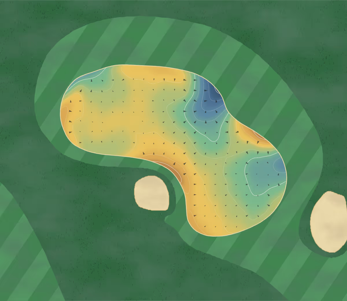 Green contour map of Walton Heath in Tadworth, England — 194 elevation contours at a 8-centimeter interval with fall-line arrows, traced from 1-meter lidar