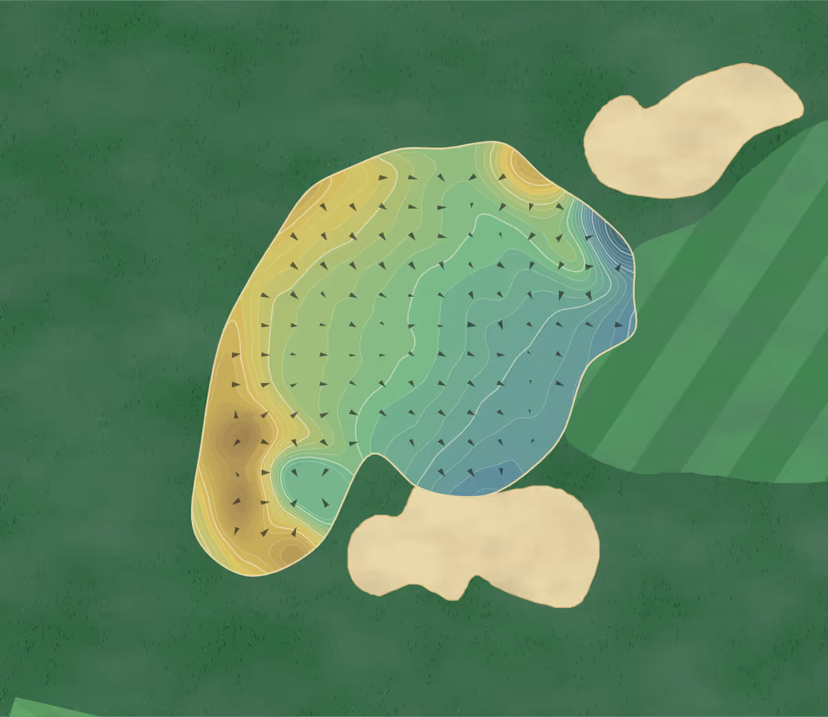 Green contour map of Wampanoag CC in West Hartford, Connecticut — 388 elevation contours at a 3-inch interval with fall-line arrows, traced from 1-meter lidar