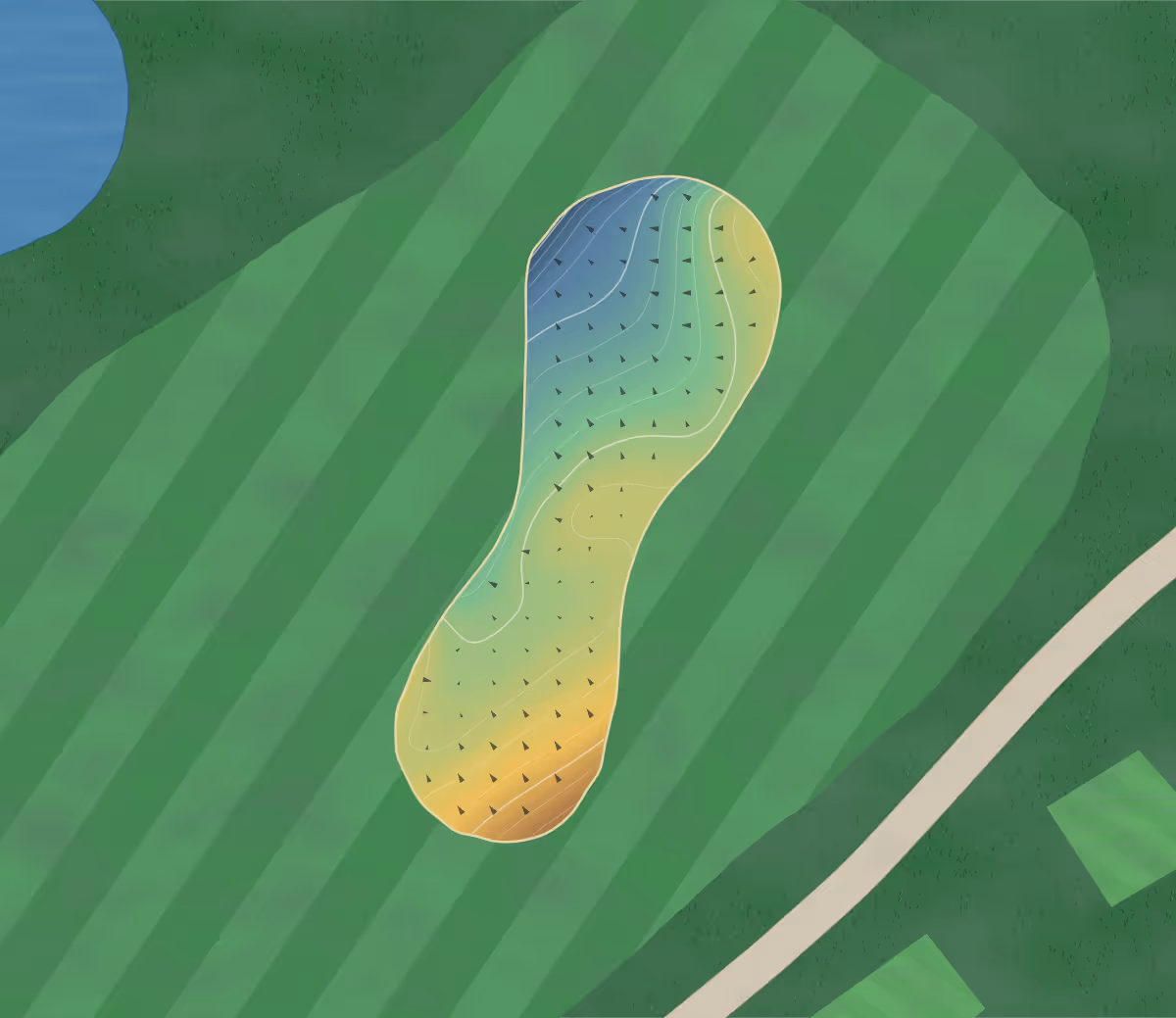 Green contour map of Wandermere Gc in Spokane, Washington — 174 elevation contours at a 3-inch interval with fall-line arrows, traced from 1-meter lidar