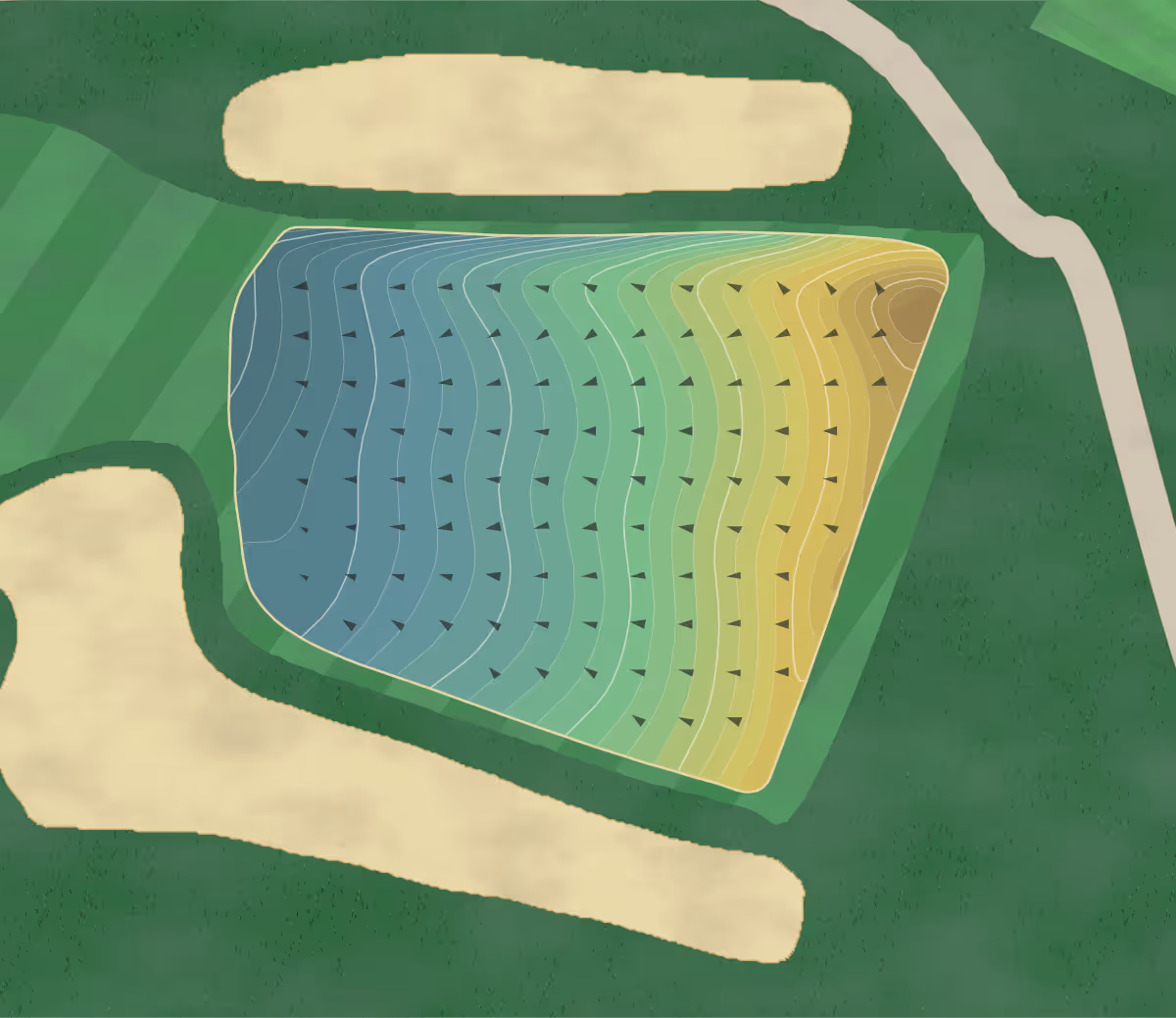 Green contour map of Wanumetonomy Golf in Middletown, Rhode Island — 270 elevation contours at a 3-inch interval with fall-line arrows, traced from 1-meter lidar