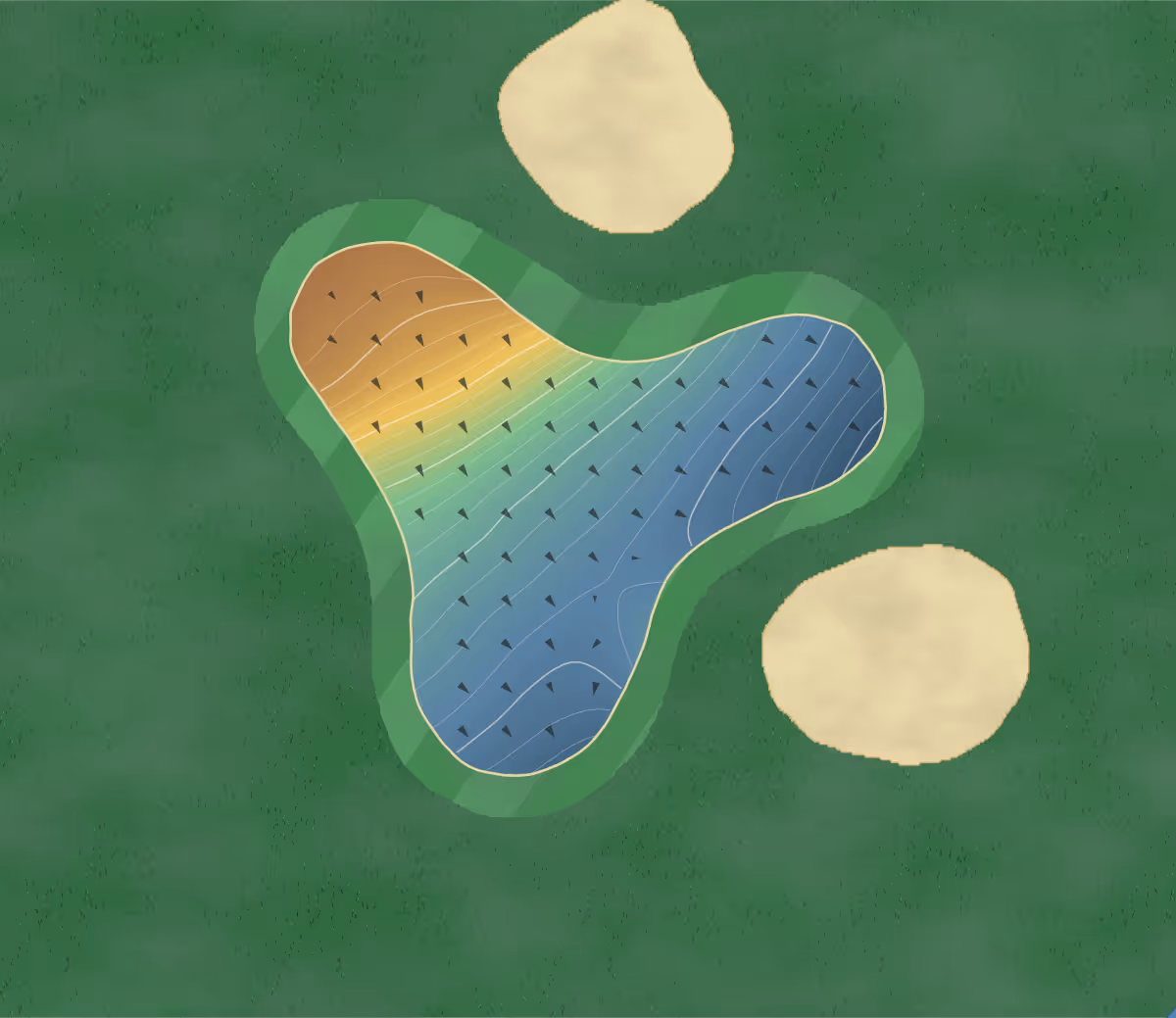 Green contour map of Warley Park in Brentwood, England: 232 elevation contours at a 8-centimeter interval with fall-line arrows, traced from 1-meter lidar