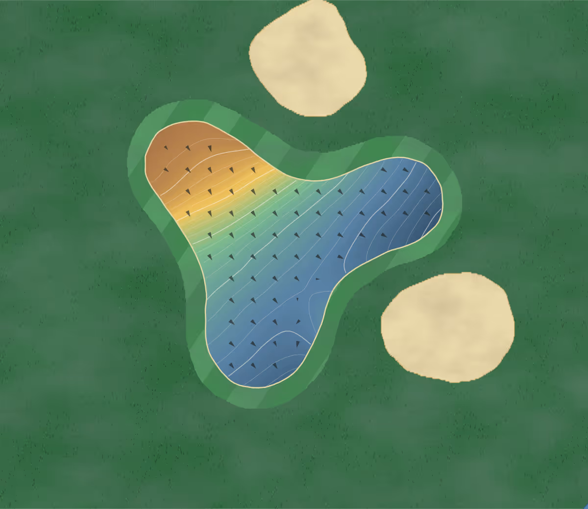 Green contour map of Warley Park in Brentwood, England — 232 elevation contours at a 8-centimeter interval with fall-line arrows, traced from 1-meter lidar