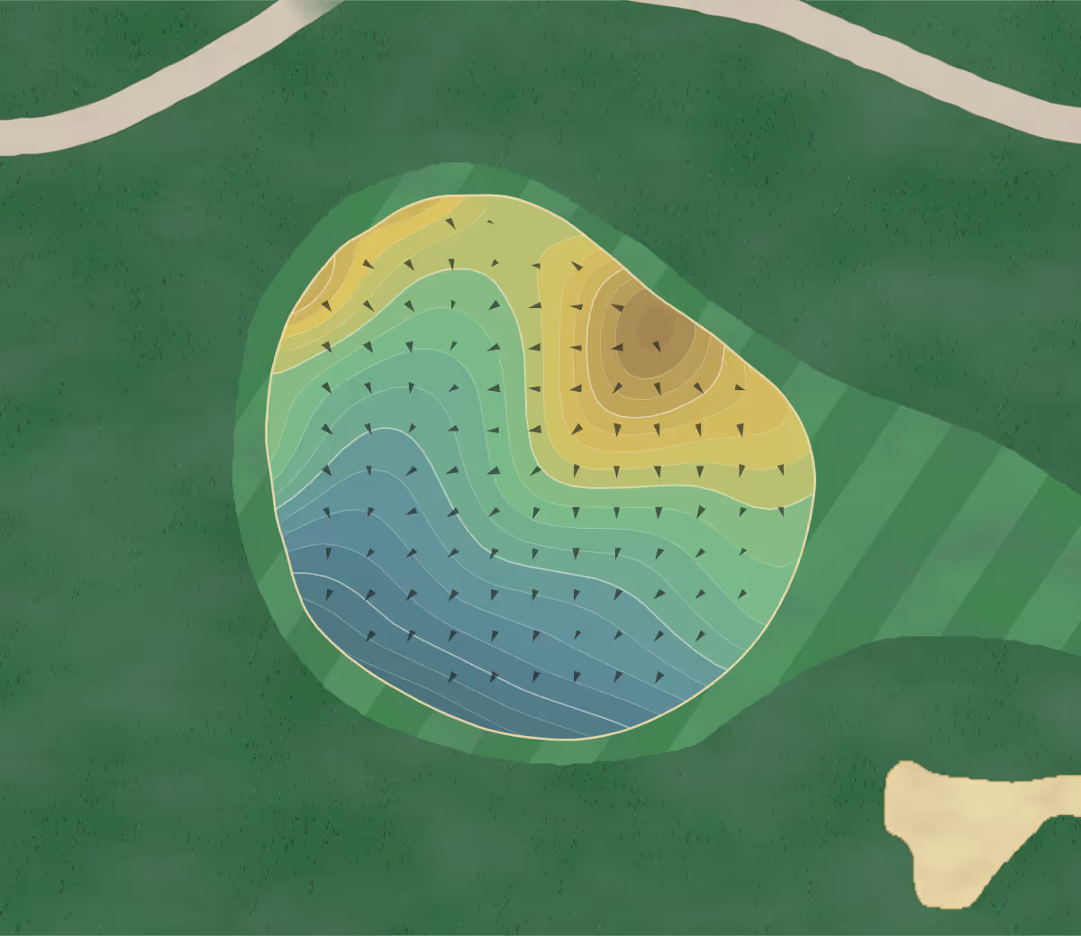 Green contour map of Warwick CC in Warwick, Rhode Island — 228 elevation contours at a 3-inch interval with fall-line arrows, traced from 1-meter lidar