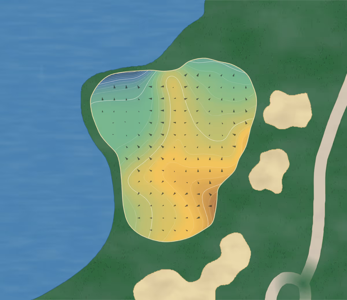 Green contour map of Water Supply Land in Massachusetts, United States — 212 elevation contours at a 3-inch interval with fall-line arrows, traced from 1-meter lidar
