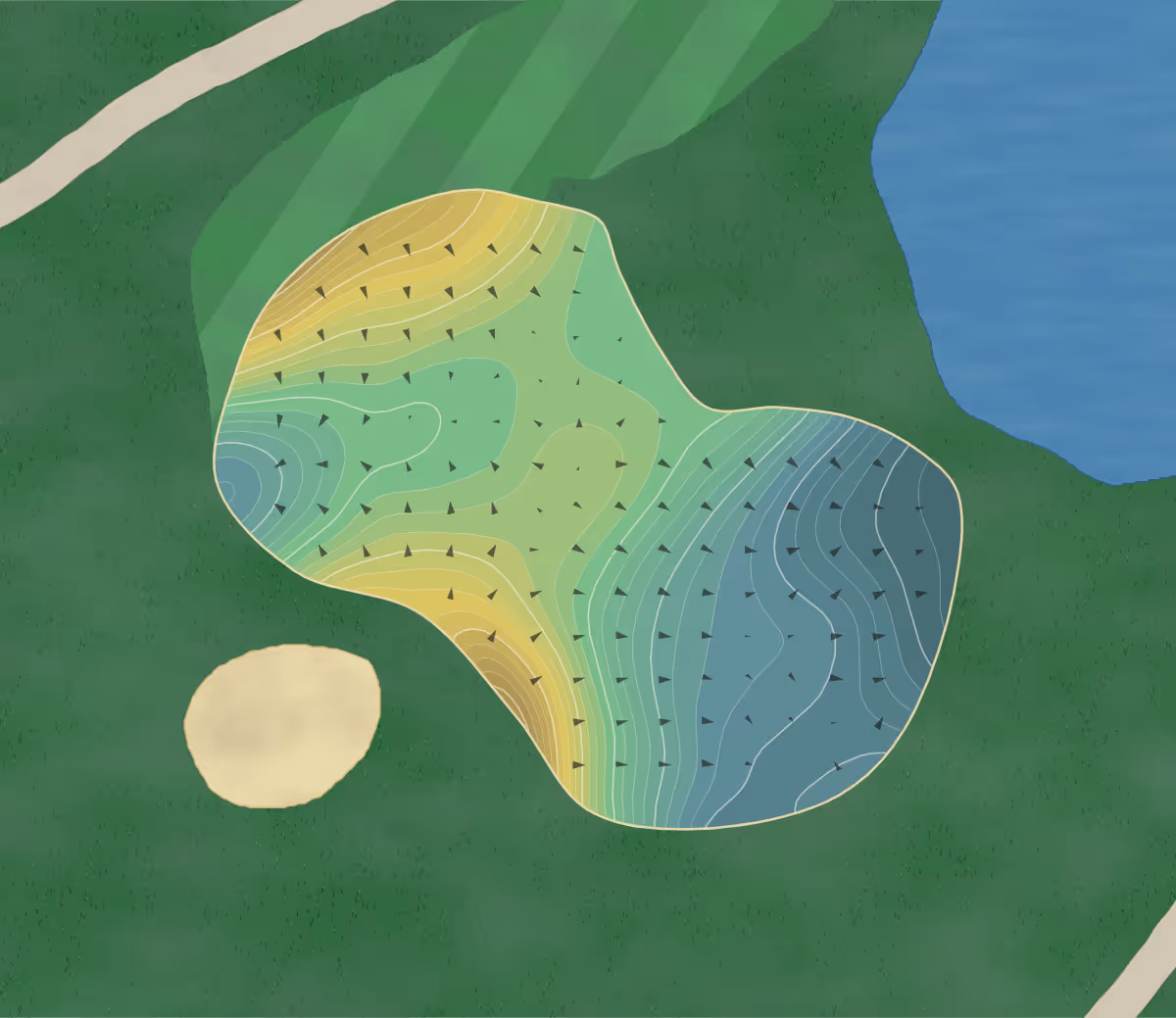Green contour map of Waterfall Club in Clayton, Georgia — 83 elevation contours at a 3-inch interval with fall-line arrows, traced from 1-meter lidar