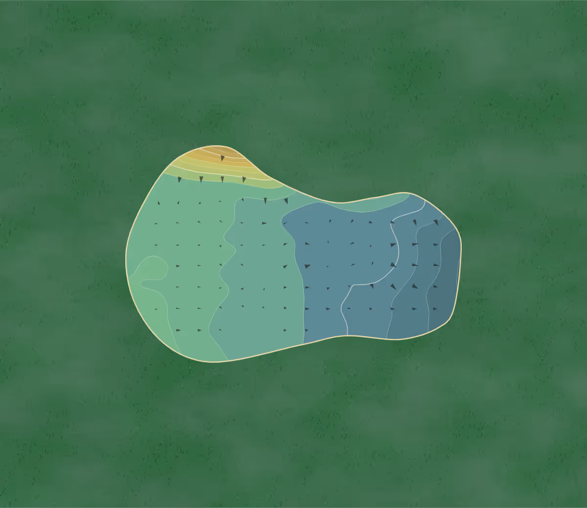 Green contour map of Waterfront in Rotherham, England — 109 elevation contours at a 8-centimeter interval with fall-line arrows, traced from 1-meter lidar