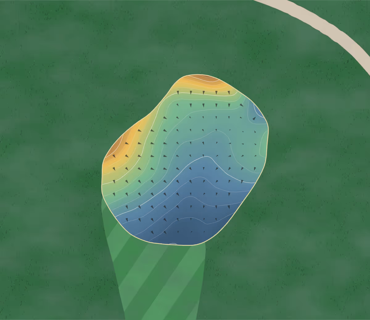 Green contour map of Waterton Park in Wakefield, England — 177 elevation contours at a 8-centimeter interval with fall-line arrows, traced from 1-meter lidar