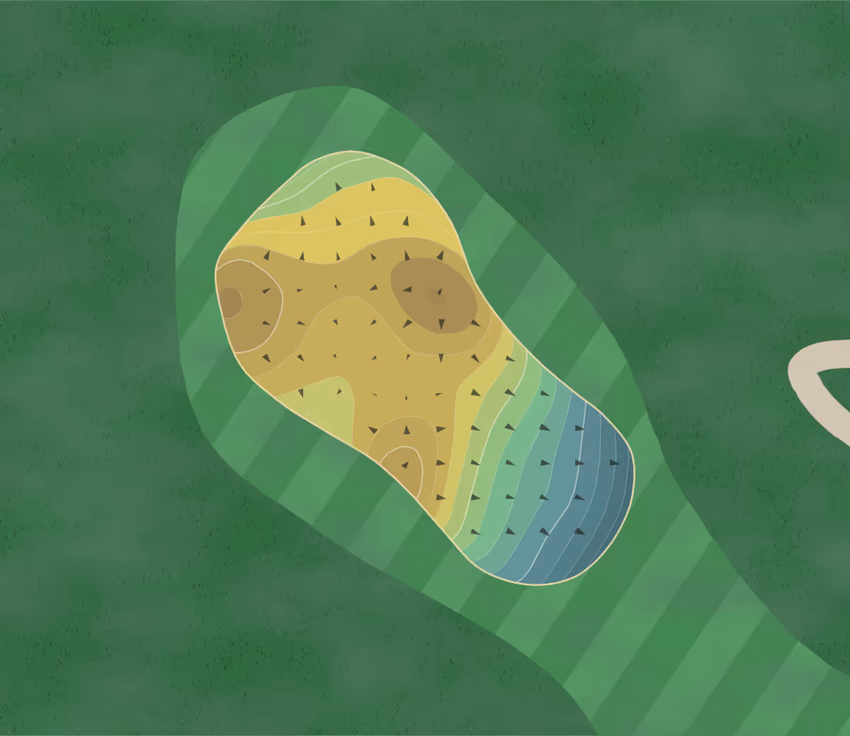 Green contour map of Waterville Golf Course in Cleveland, Tennessee — 181 elevation contours at a 3-inch interval with fall-line arrows, traced from 1-meter lidar