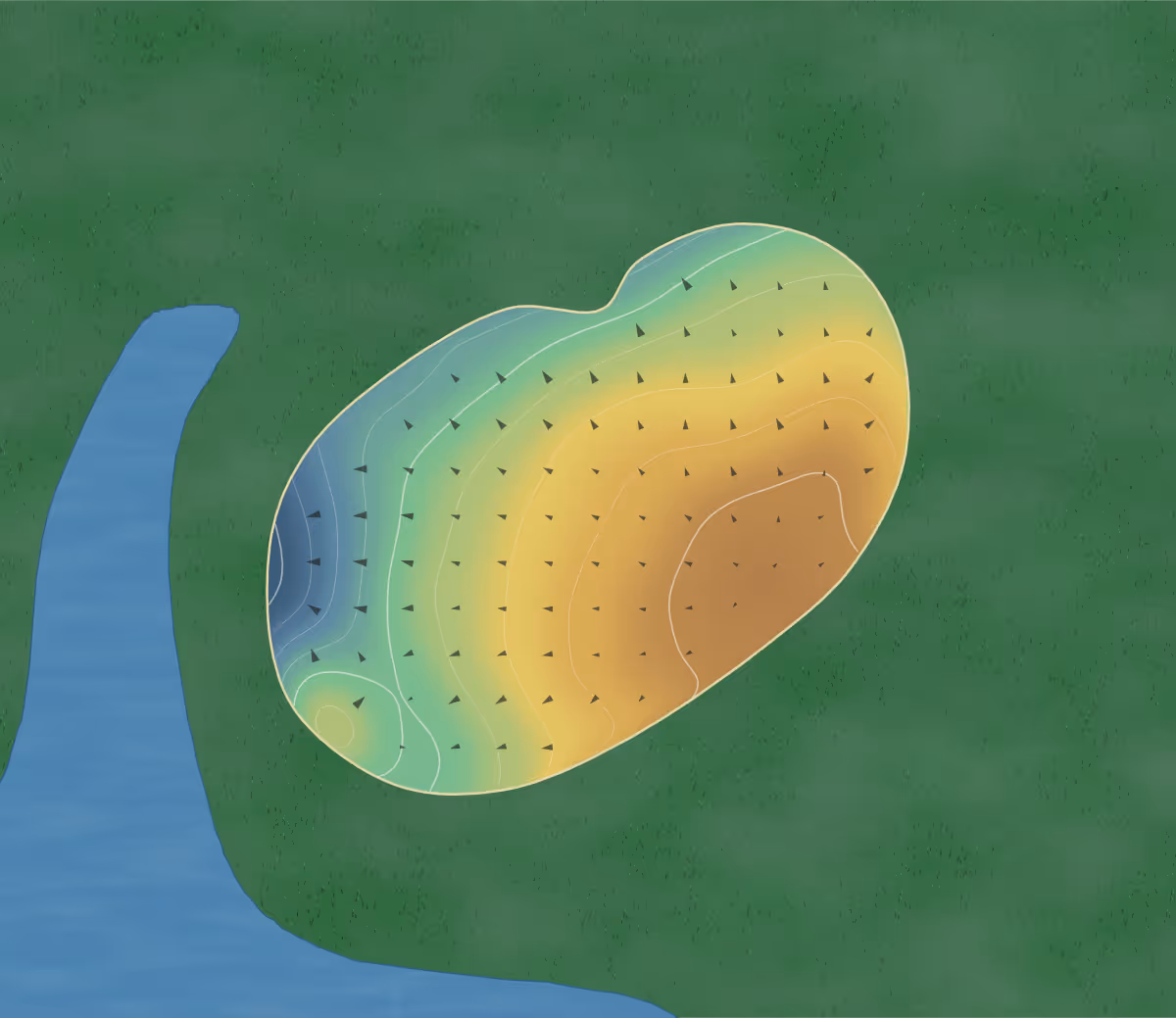 Green contour map of Waukon in Waukon, Iowa: 56 elevation contours at a 3-inch interval with fall-line arrows, traced from 1-meter lidar