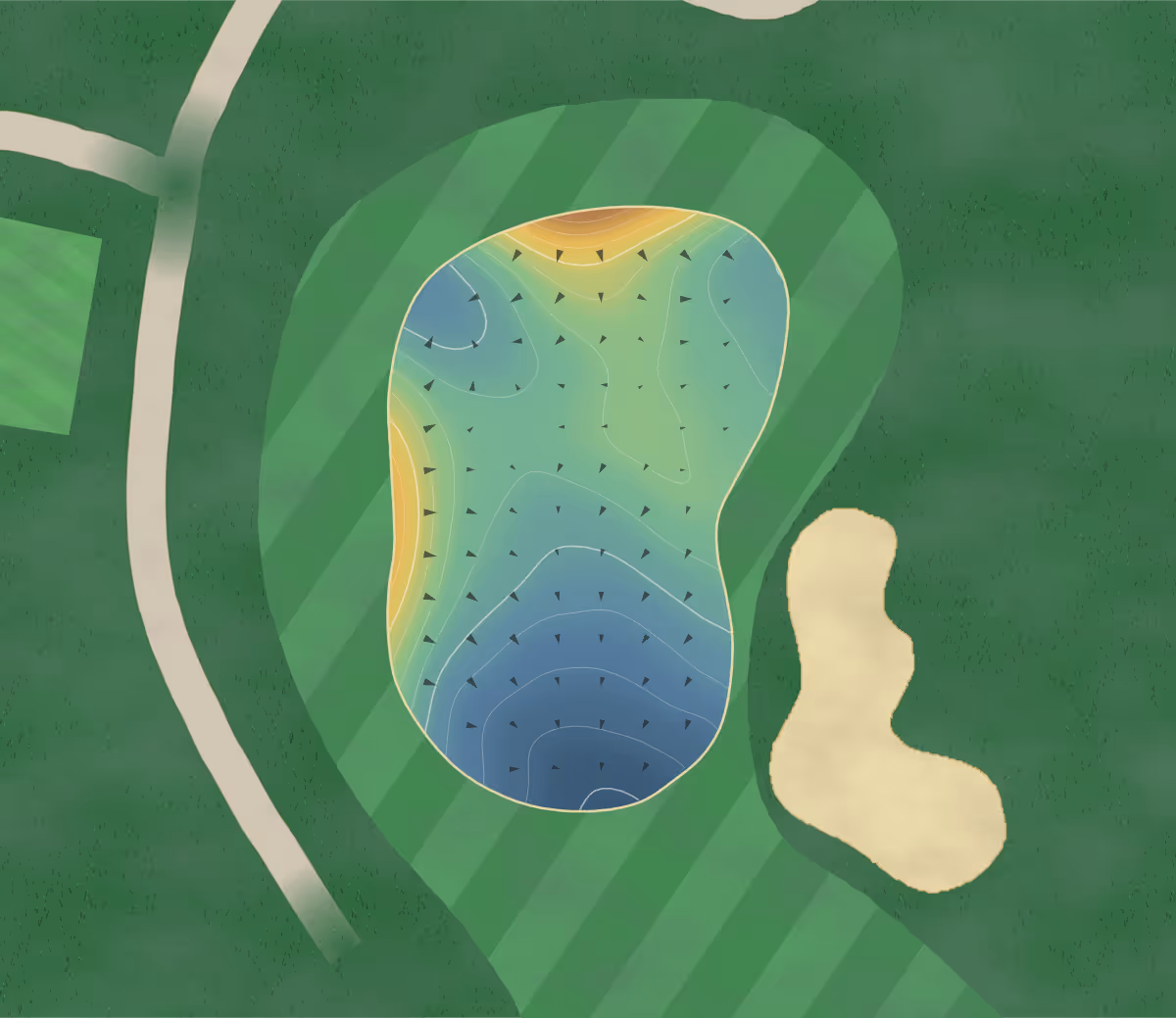 Green contour map of Waverly Gc in Waverly, Iowa — 220 elevation contours at a 3-inch interval with fall-line arrows, traced from 1-meter lidar