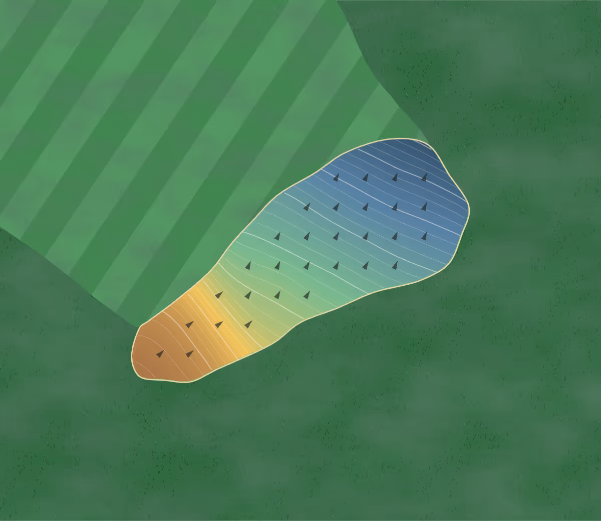 Green contour map of Waverly GC in Waverly, Ohio: 94 elevation contours at a 3-inch interval with fall-line arrows, traced from 1-meter lidar