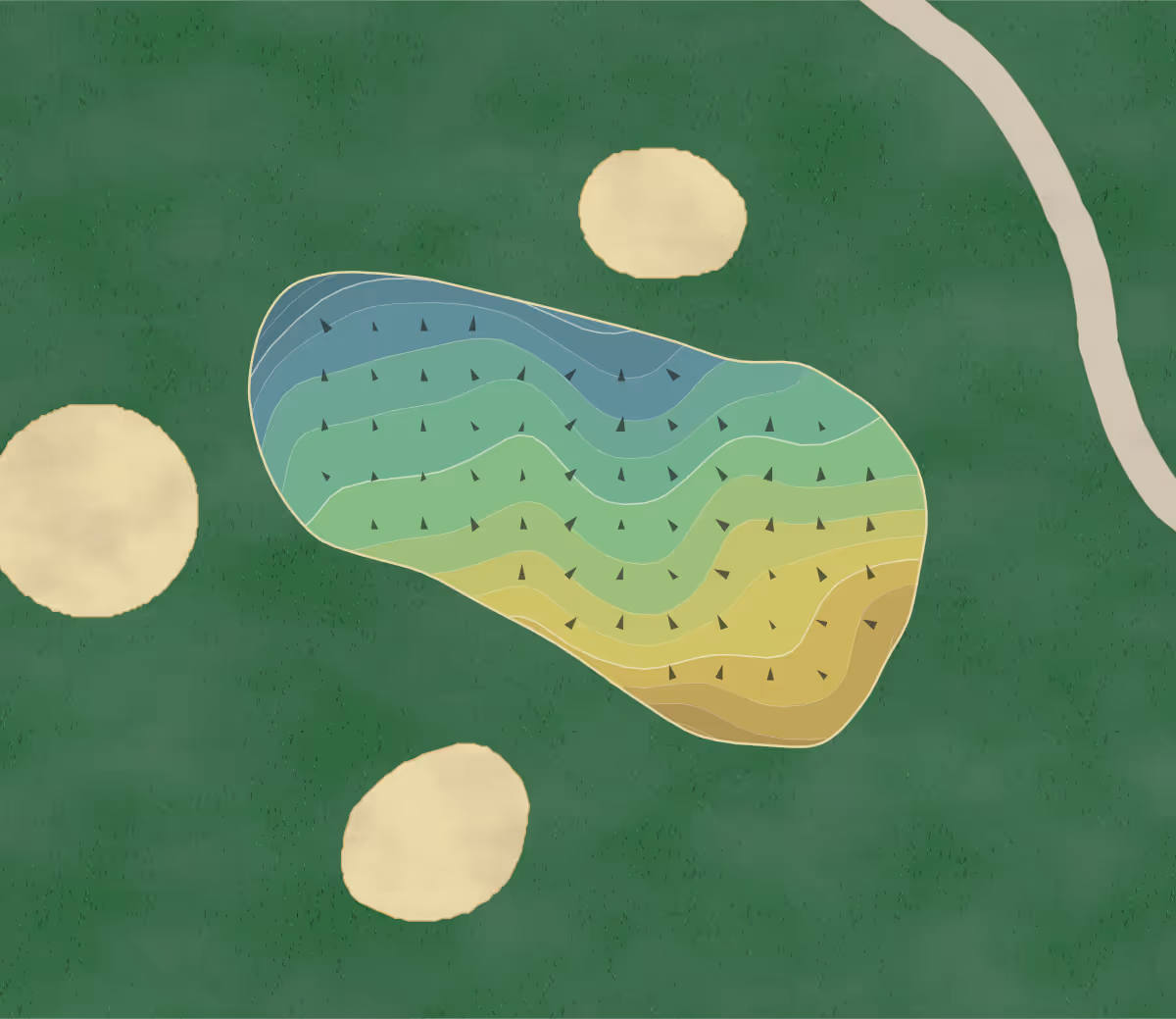 Green contour map of Wawashkamo in MacKinac Island, Michigan — 71 elevation contours at a 3-inch interval with fall-line arrows, traced from 1-meter lidar