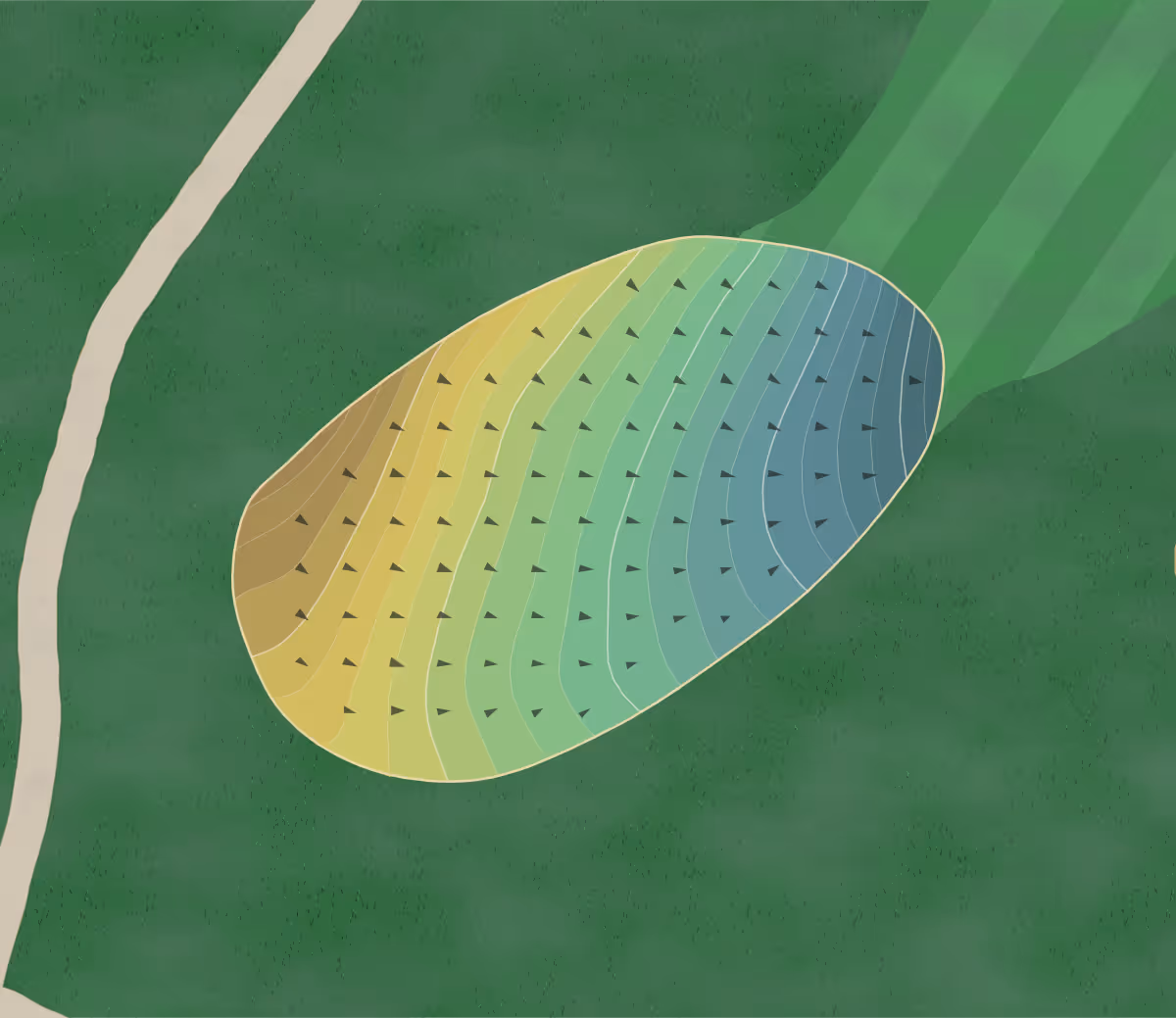 Green contour map of Wawenock GC in Walpole, Maine — 125 elevation contours at a 3-inch interval with fall-line arrows, traced from 1-meter lidar