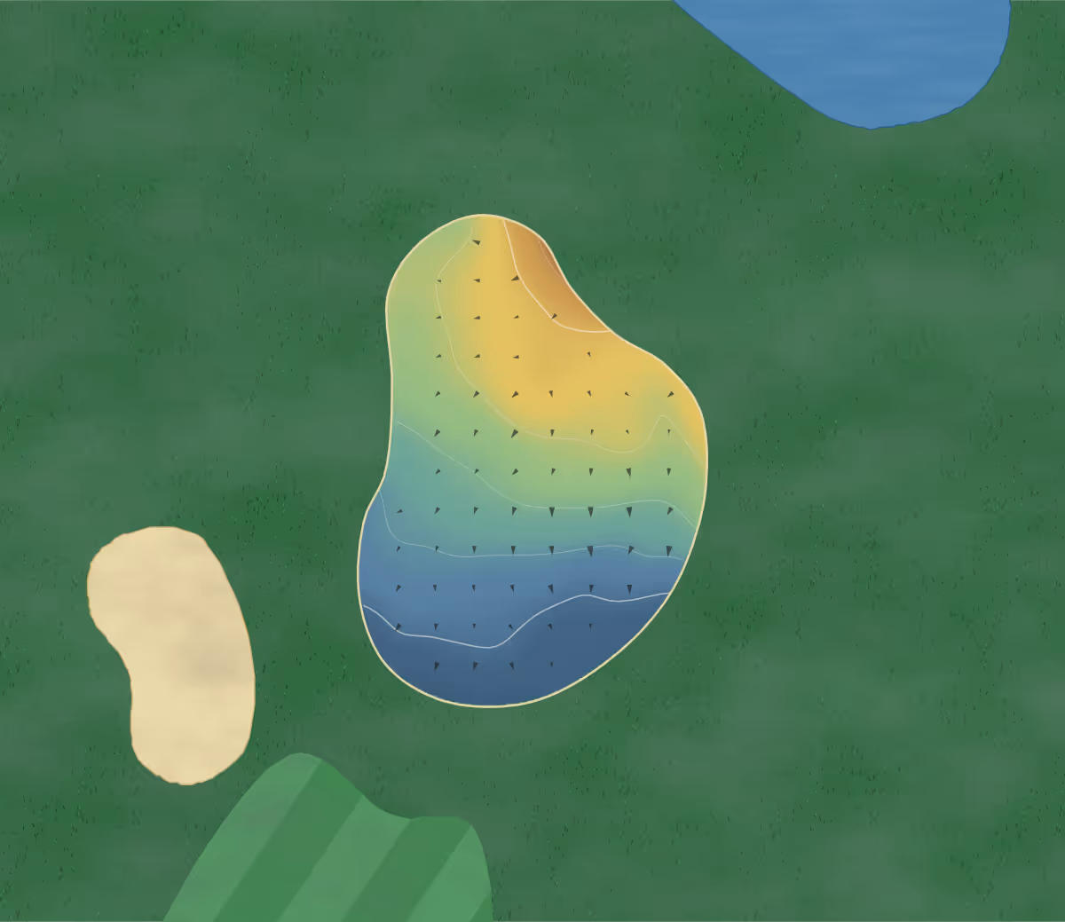 Green contour map of Weald of Kent in Headcorn, England: 6 elevation contours at a 8-centimeter interval with fall-line arrows, traced from 1-meter lidar