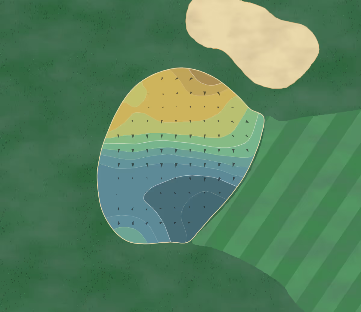 Green contour map of Weathervane GC in Weymouth, Massachusetts — 89 elevation contours at a 3-inch interval with fall-line arrows, traced from 1-meter lidar