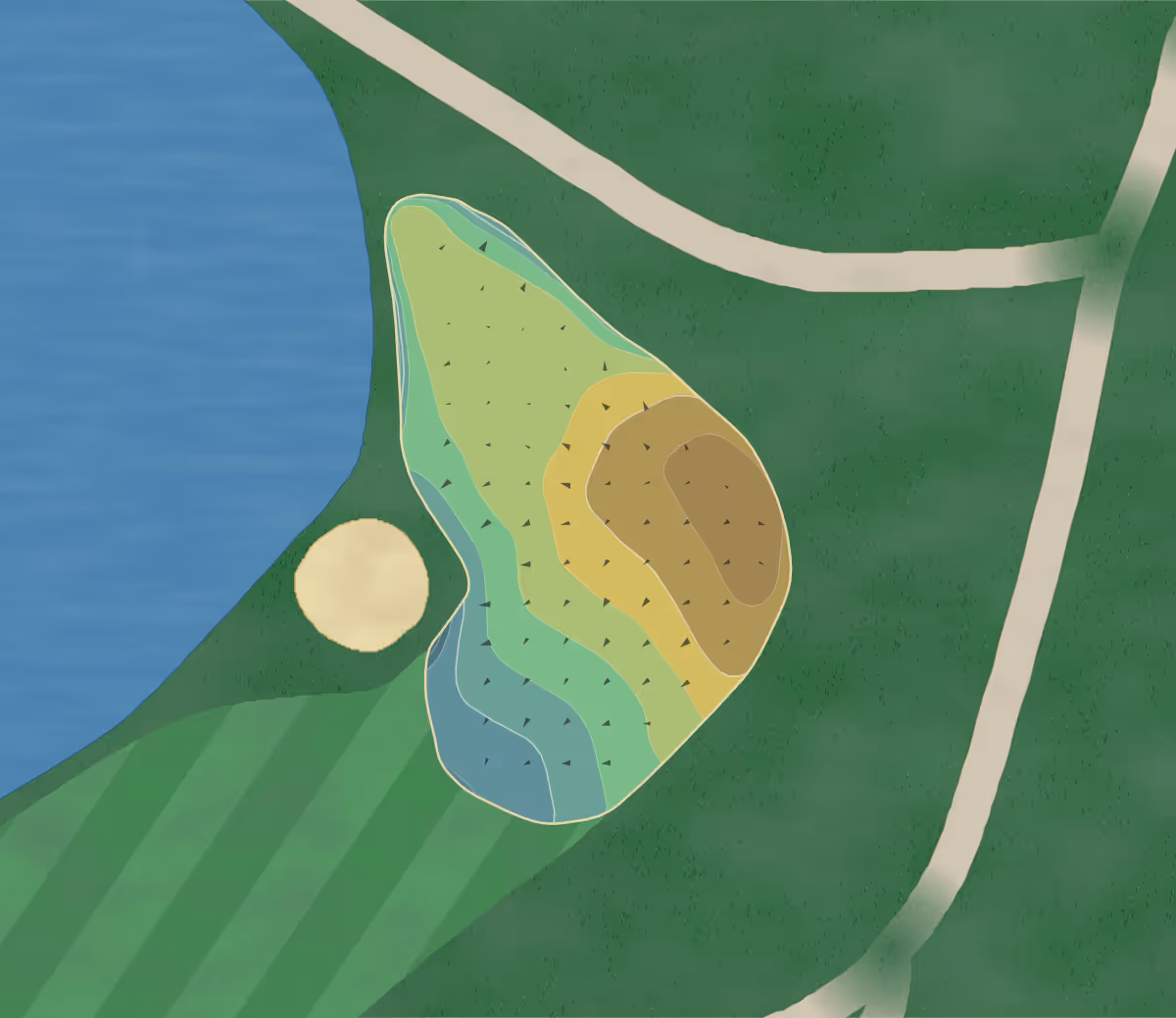 Green contour map of Wedgewood Pines in Stow, Massachusetts — 164 elevation contours at a 3-inch interval with fall-line arrows, traced from 1-meter lidar