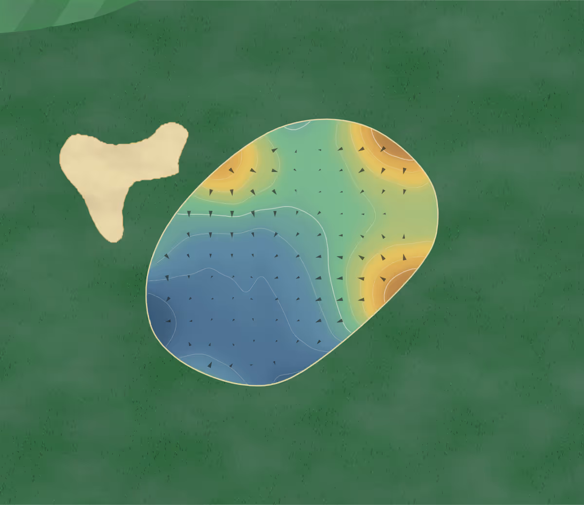 Green contour map of Wellington College in Crowthorne, Berkshire, England — 97 elevation contours at a 8-centimeter interval with fall-line arrows, traced from 1-meter lidar