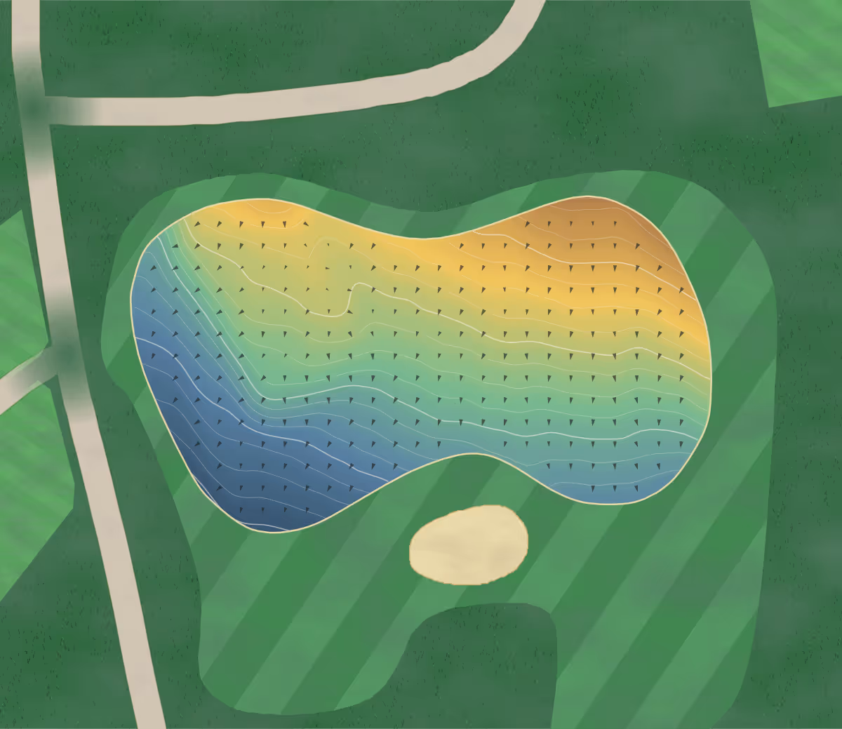 Green contour map of Wells Somerset Golf Club Ltd (1018310) in Wells, England — 148 elevation contours at a 8-centimeter interval with fall-line arrows, traced from 1-meter lidar