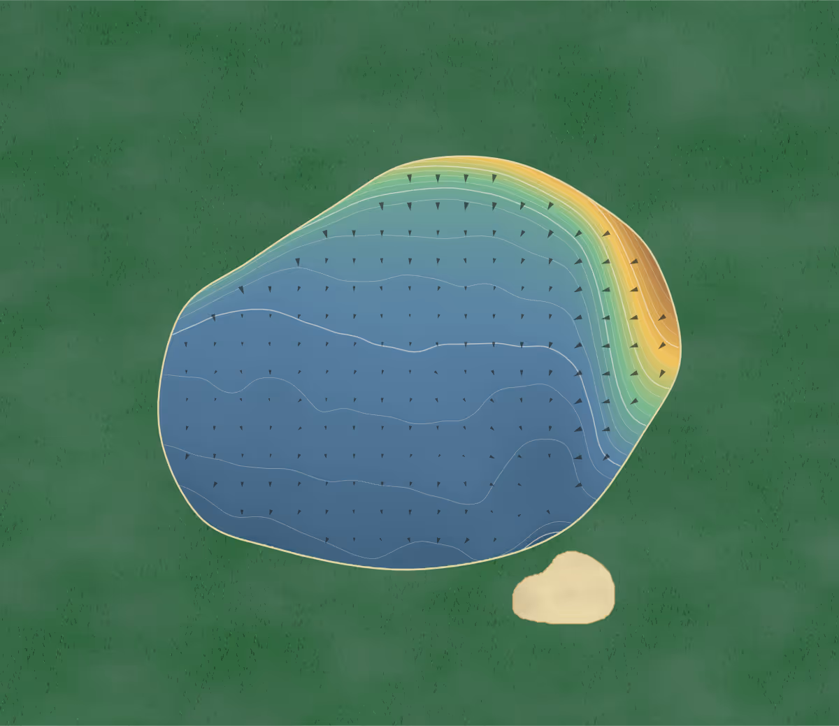 Green contour map of Wellshurst in Hellingly, England: 20 elevation contours at a 8-centimeter interval with fall-line arrows, traced from 1-meter lidar