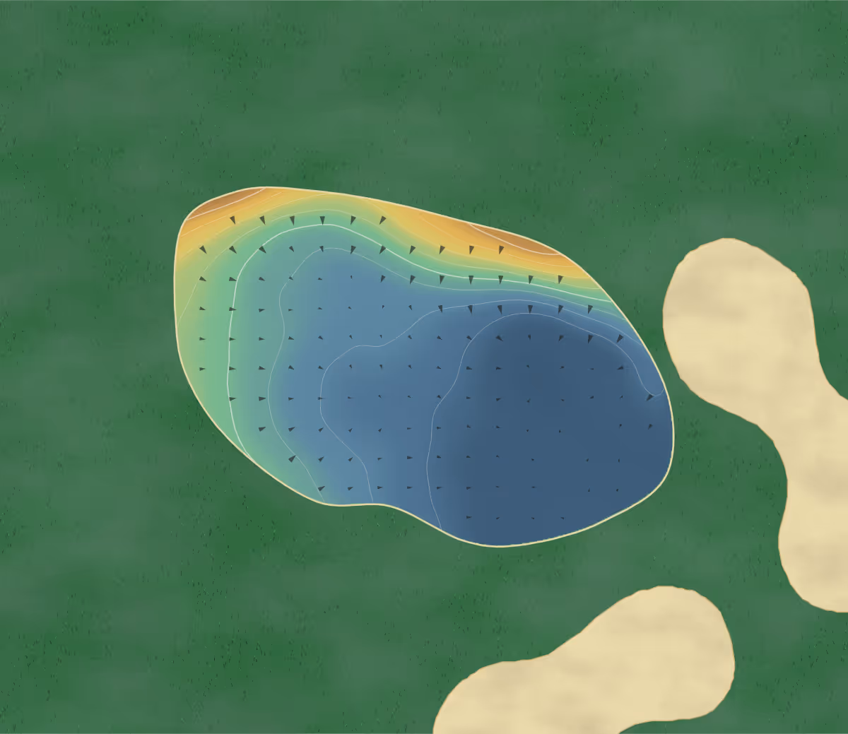 Green contour map of Welton Manor in Lincoln, England: 134 elevation contours at a 8-centimeter interval with fall-line arrows, traced from 1-meter lidar