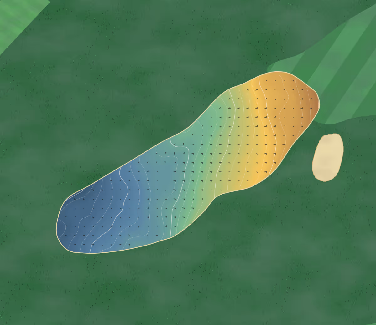 Green contour map of Wensum Valley in Norwich, England: 169 elevation contours at a 8-centimeter interval with fall-line arrows, traced from 1-meter lidar