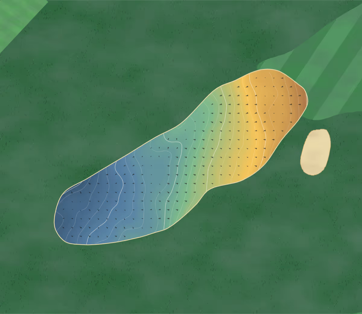 Green contour map of Wensum Valley in Norwich, England — 175 elevation contours at a 8-centimeter interval with fall-line arrows, traced from 1-meter lidar