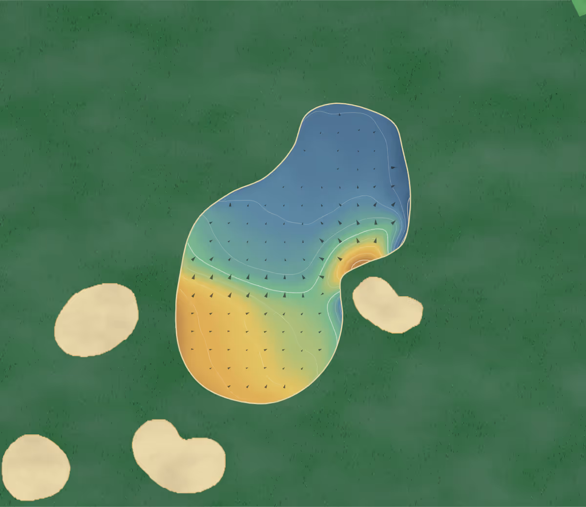 Green contour map of Wentworth Club - East Course in Virginia Water, England: 189 elevation contours at a 8-centimeter interval with fall-line arrows, traced from 1-meter lidar