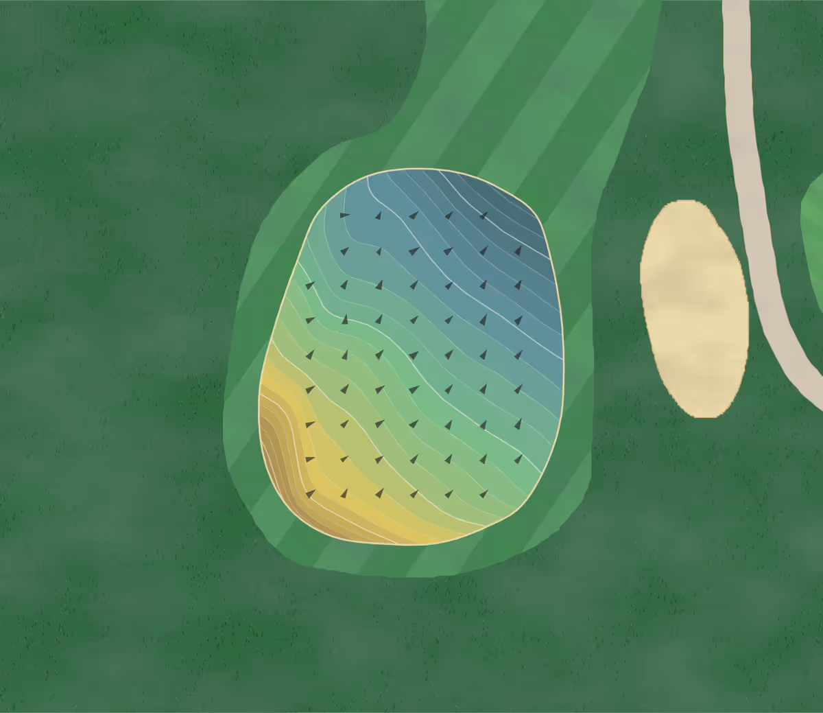 Green contour map of Wentworth GC in Jackson, New Hampshire — 150 elevation contours at a 3-inch interval with fall-line arrows, traced from 1-meter lidar