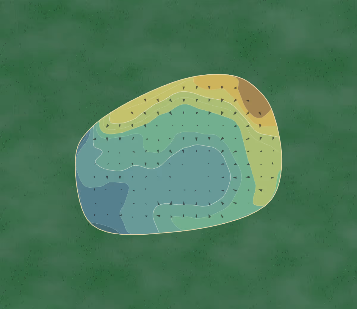 Green contour map of Werneth GC in Oldham, England — 153 elevation contours at a 8-centimeter interval with fall-line arrows, traced from 1-meter lidar