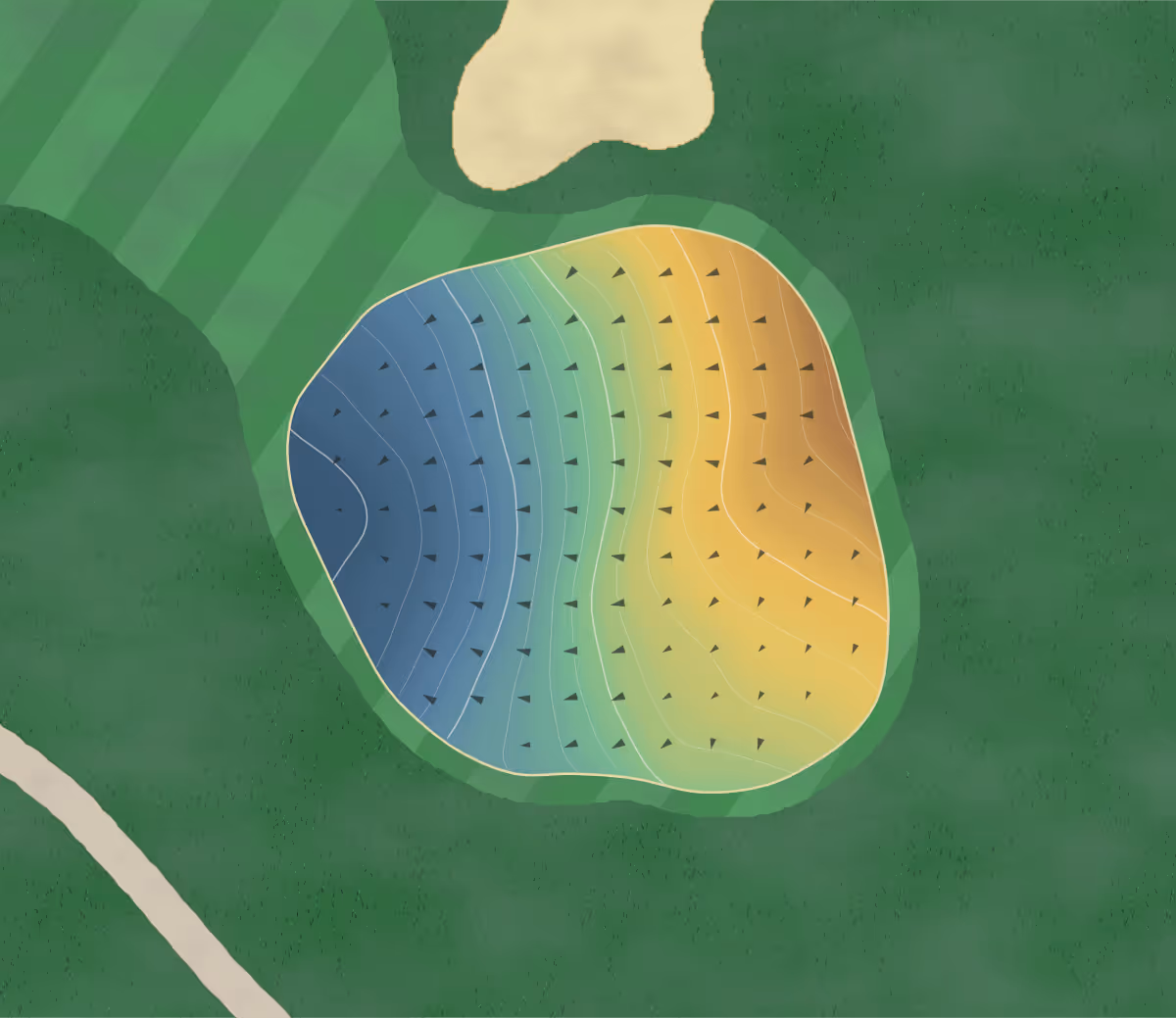 Green contour map of West Haven in London, Canada — 132 elevation contours at a 8-centimeter interval with fall-line arrows, traced from 1-meter lidar