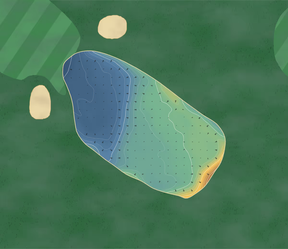 Green contour map of West Kilbride in West Kilbride, Scotland: 170 elevation contours at a 8-centimeter interval with fall-line arrows, traced from 1-meter lidar
