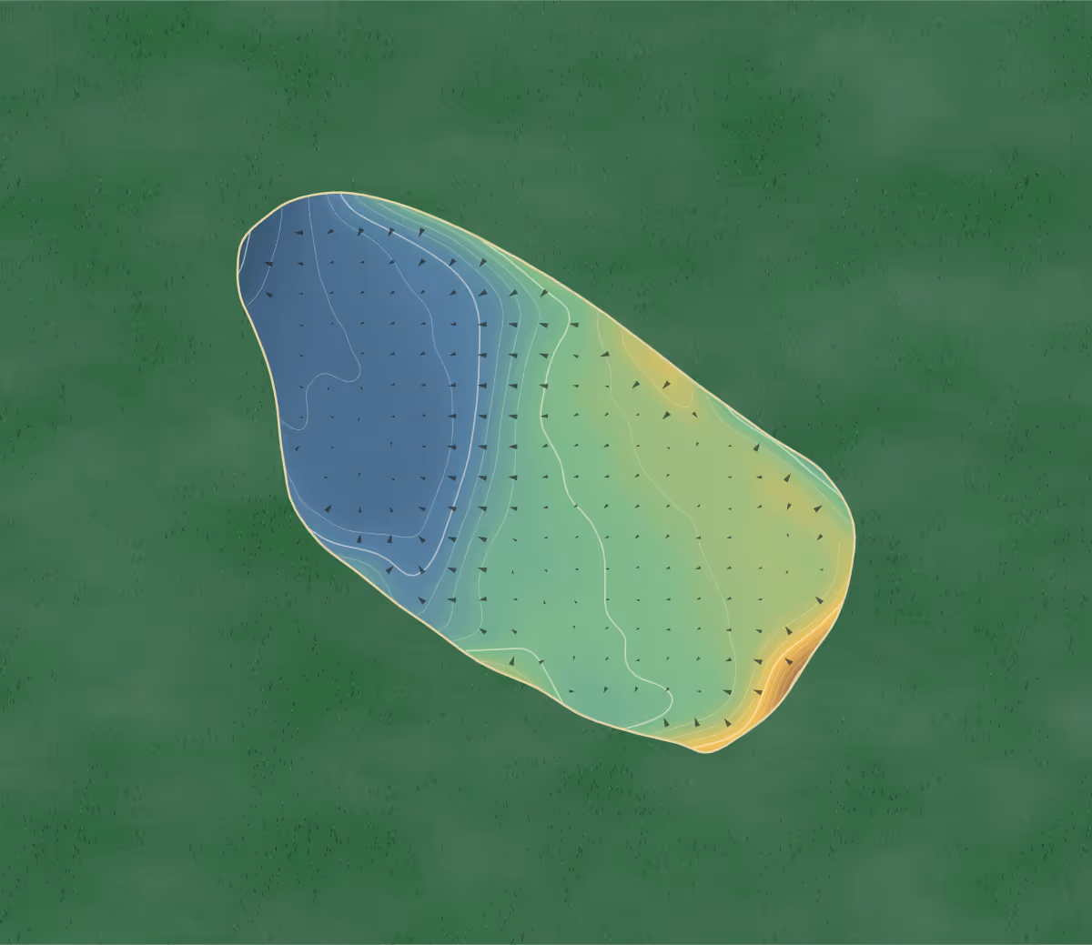 Green contour map of West Kilbride in West Kilbride, Scotland — 158 elevation contours at a 8-centimeter interval with fall-line arrows, traced from 1-meter lidar