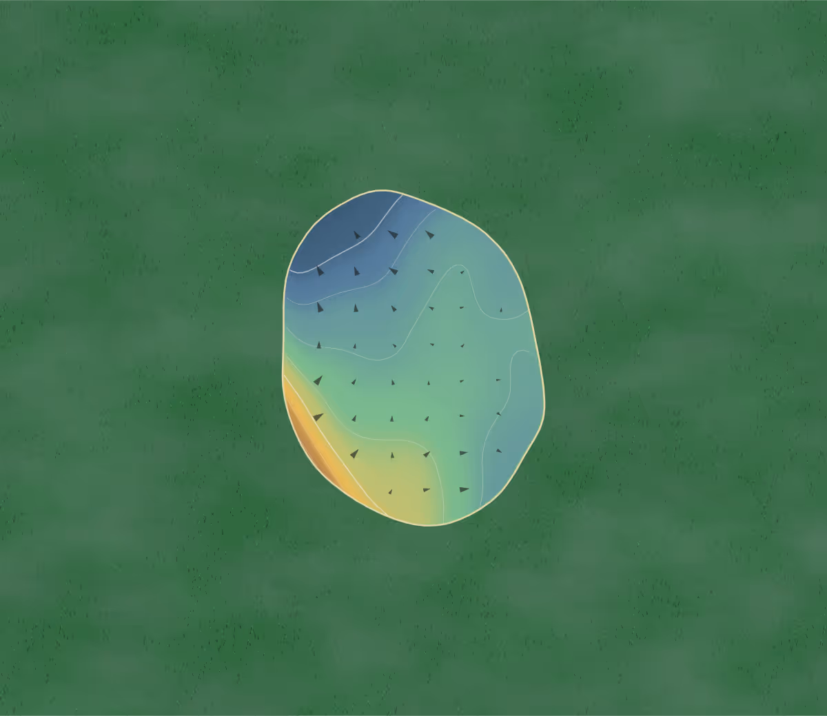 Green contour map of West Richmond Pitch in Richmond, Canada — 40 elevation contours at a 8-centimeter interval with fall-line arrows, traced from 1-meter lidar