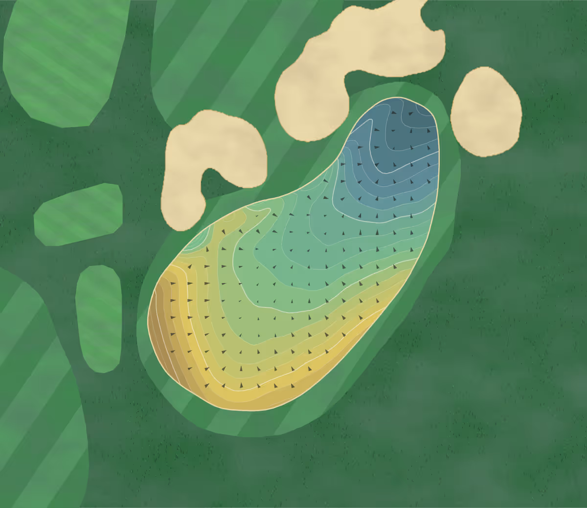 Green contour map of West Sussex in Pulborough, England — 197 elevation contours at a 8-centimeter interval with fall-line arrows, traced from 1-meter lidar