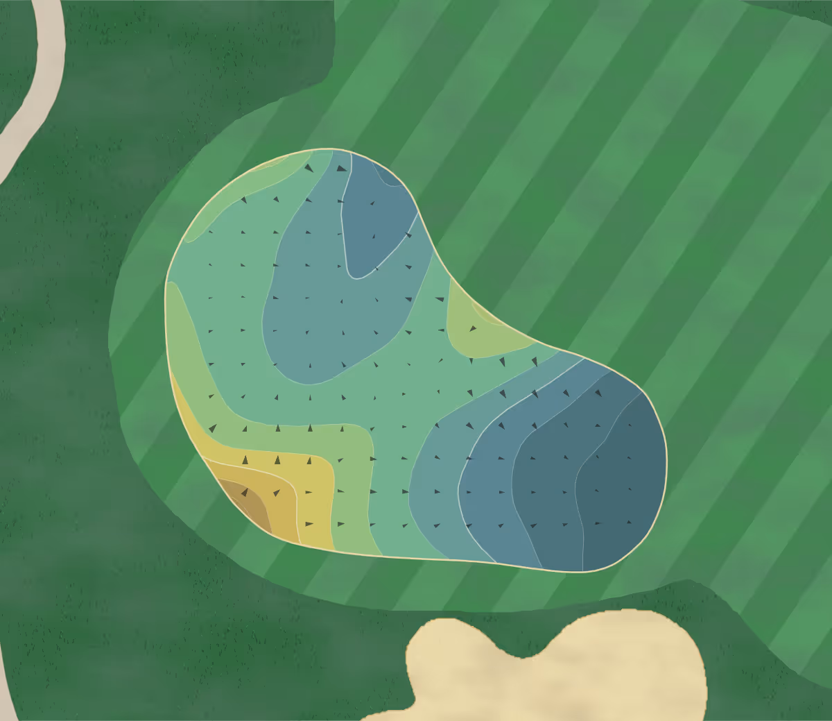 Green contour map of Westchester Golf in Canal Winchester, Ohio — 130 elevation contours at a 3-inch interval with fall-line arrows, traced from 1-meter lidar