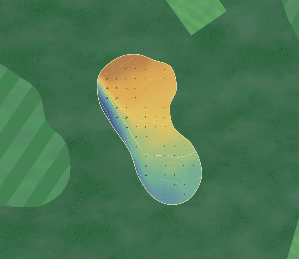 Green contour map of Westcountry Academy in Tiverton, United Kingdom — 48 elevation contours at a 8-centimeter interval with fall-line arrows, traced from 1-meter lidar