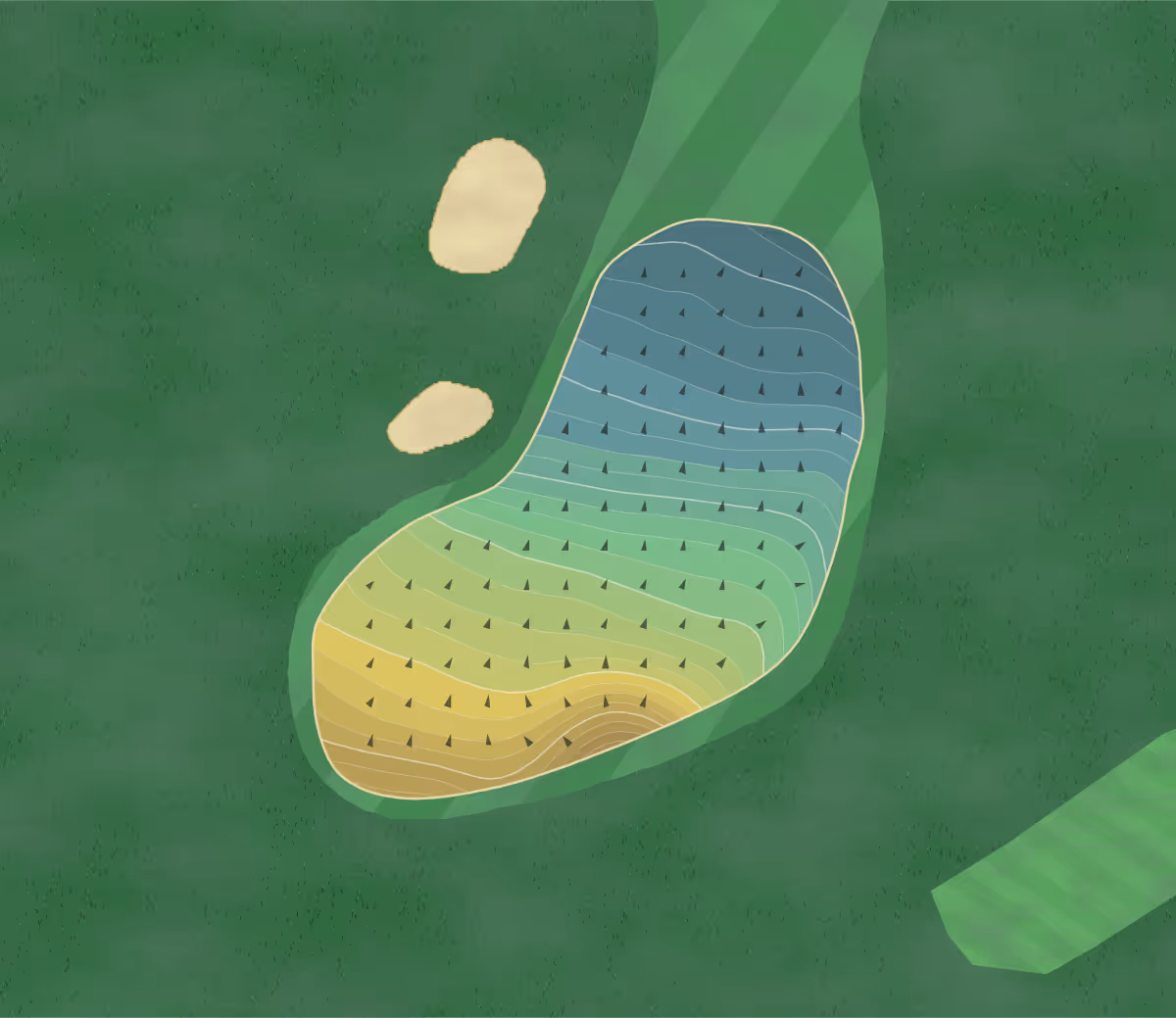 Green contour map of Westerham GC in Westerham, England — 318 elevation contours at a 8-centimeter interval with fall-line arrows, traced from 1-meter lidar
