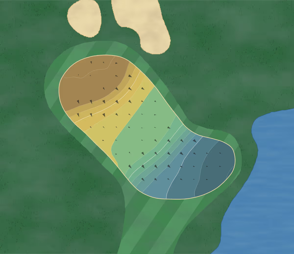 Green contour map of Gary Player Course in Rancho Mirage, California — 136 elevation contours at a 3-inch interval with fall-line arrows, traced from 1-meter lidar