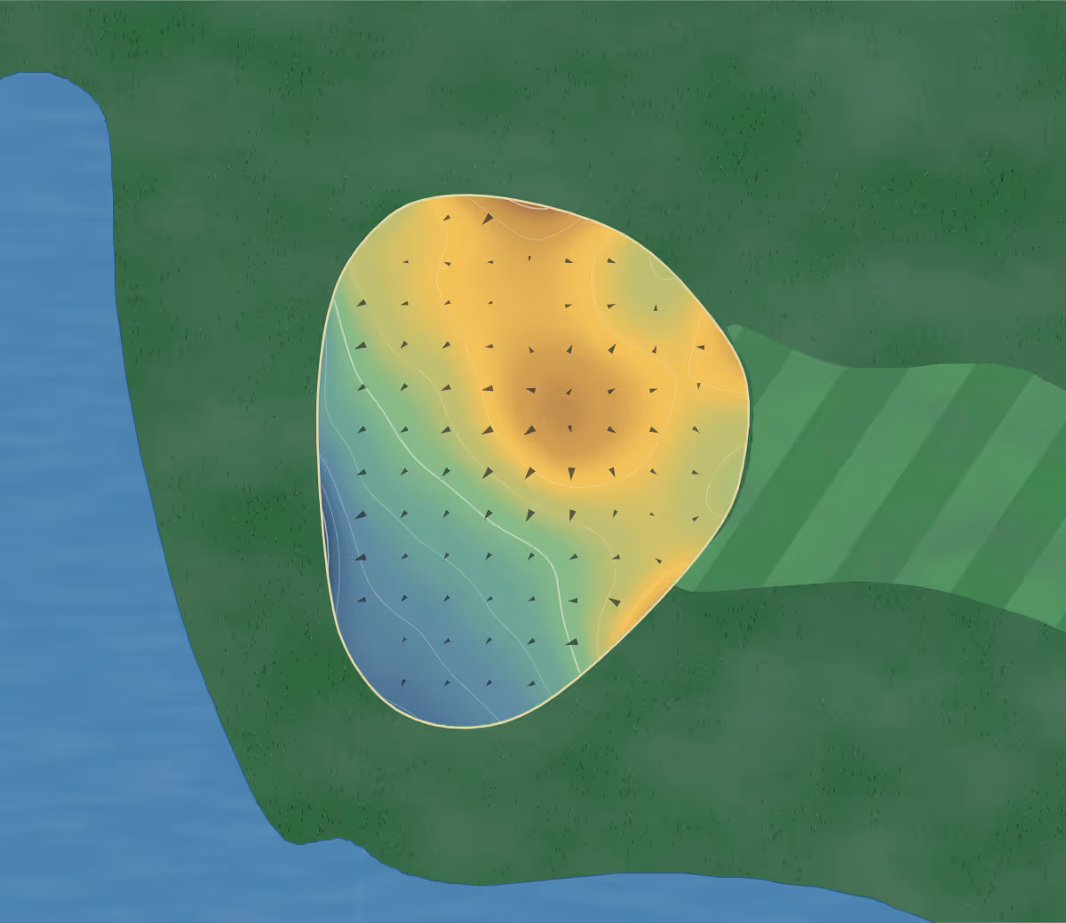 Green contour map of Westlake in Jackson, New Jersey: 9 elevation contours at a 3-inch interval with fall-line arrows, traced from 1-meter lidar