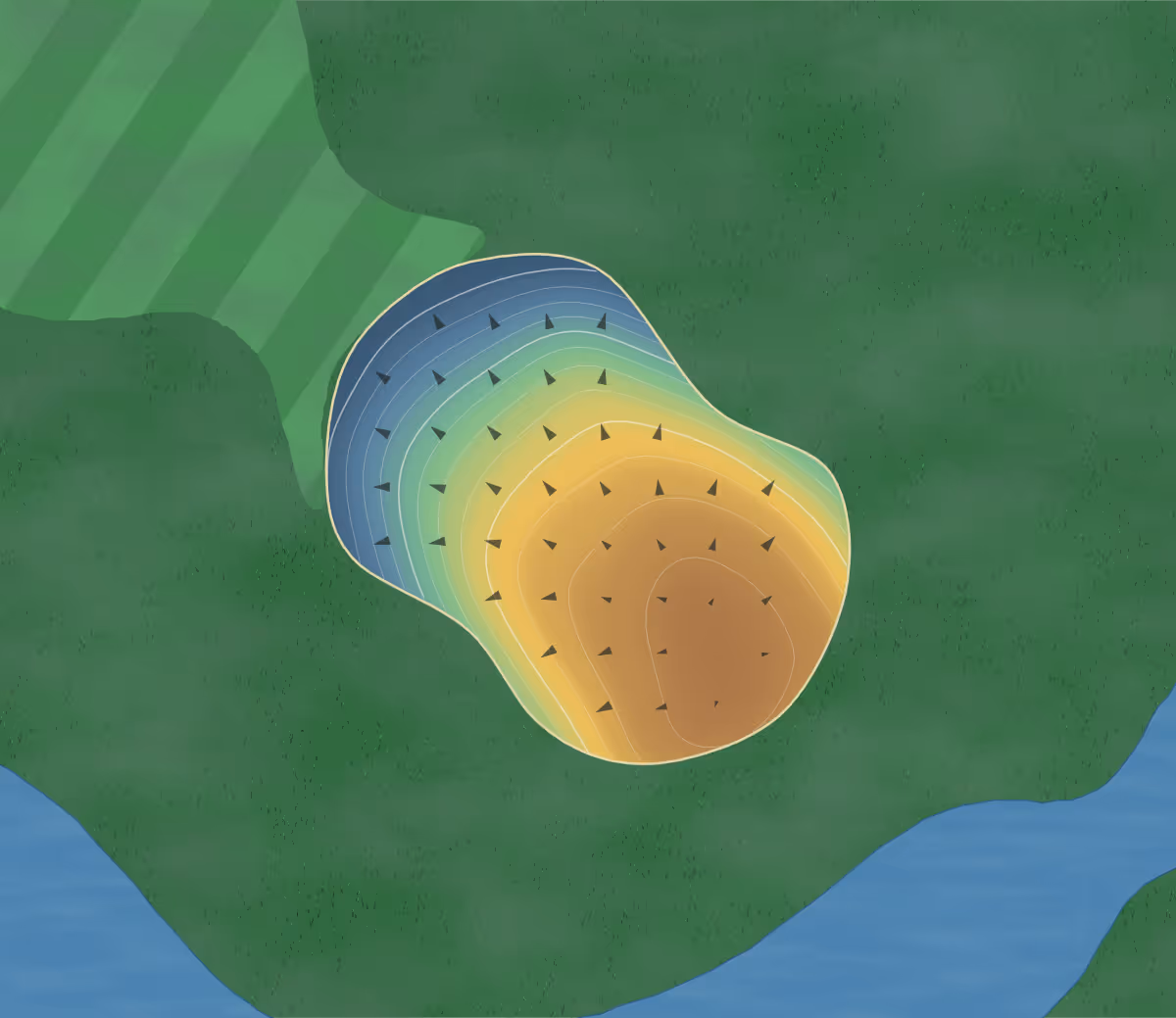 Green contour map of Westlake Meadowood in Westlake, Ohio: 219 elevation contours at a 3-inch interval with fall-line arrows, traced from 1-meter lidar